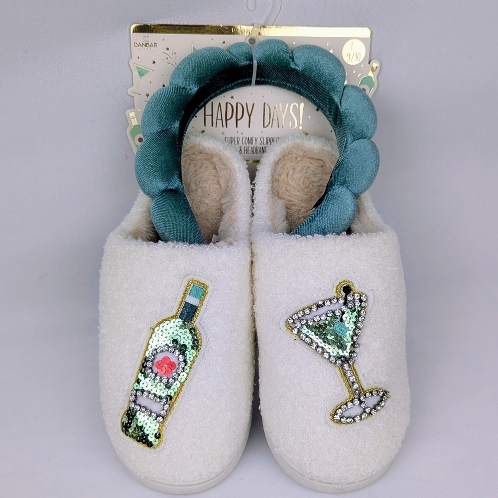Slippers & Headband Martini Bottle Sherpa Embroidery Sequins Ivory L (9/10) NWT
